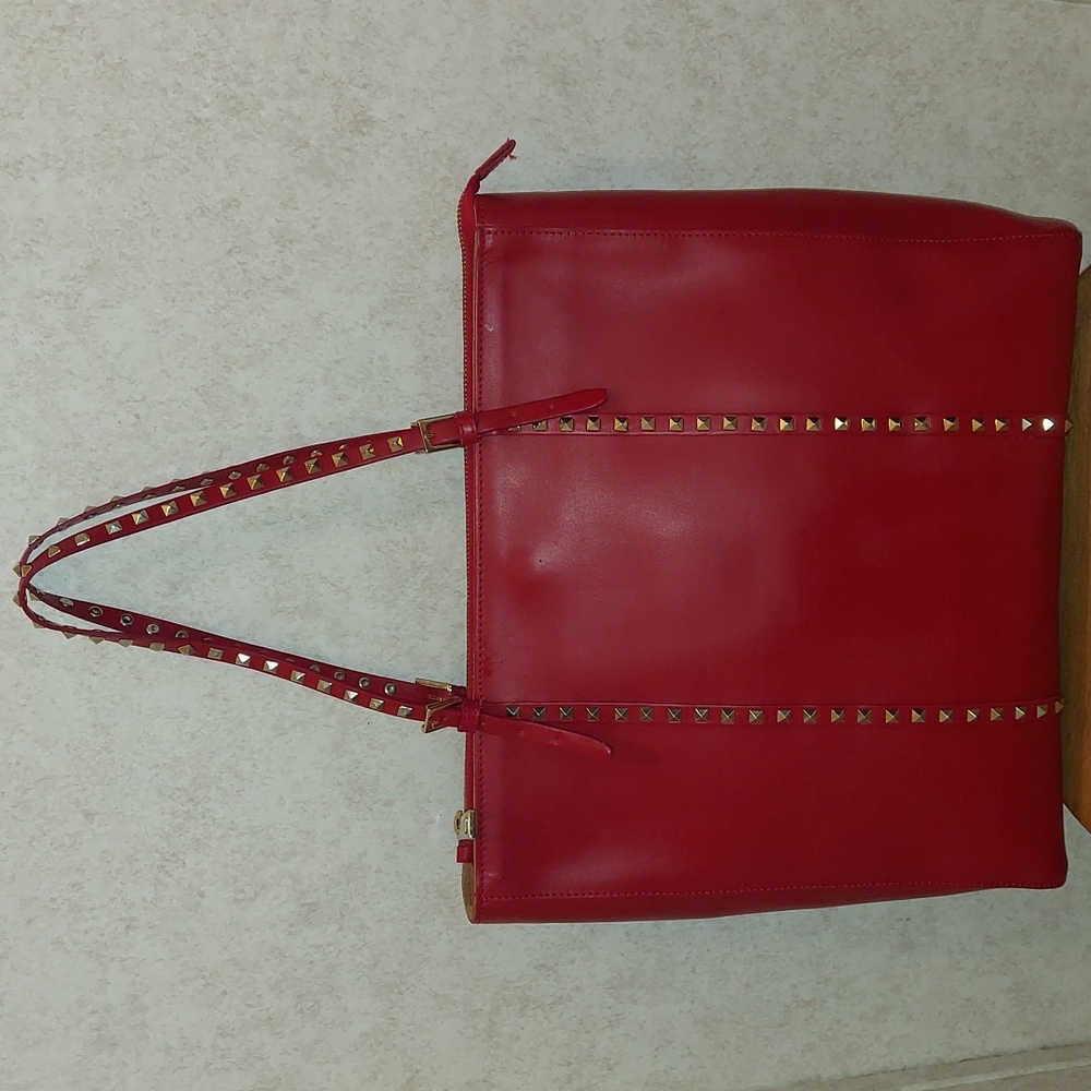 Lacucci Red Leather Studded Shoulder/Tote Bag. Made in Italy.